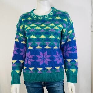 Gallagher Mohair Sweater Womens Large Purple Green Snowflake Abstract Pullover